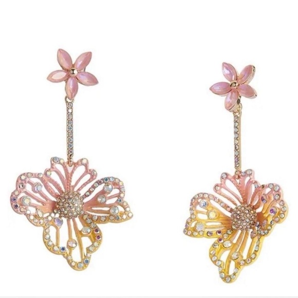 New Betsey Johnson Gold Tone Enamel Double Flower Drop Earrings